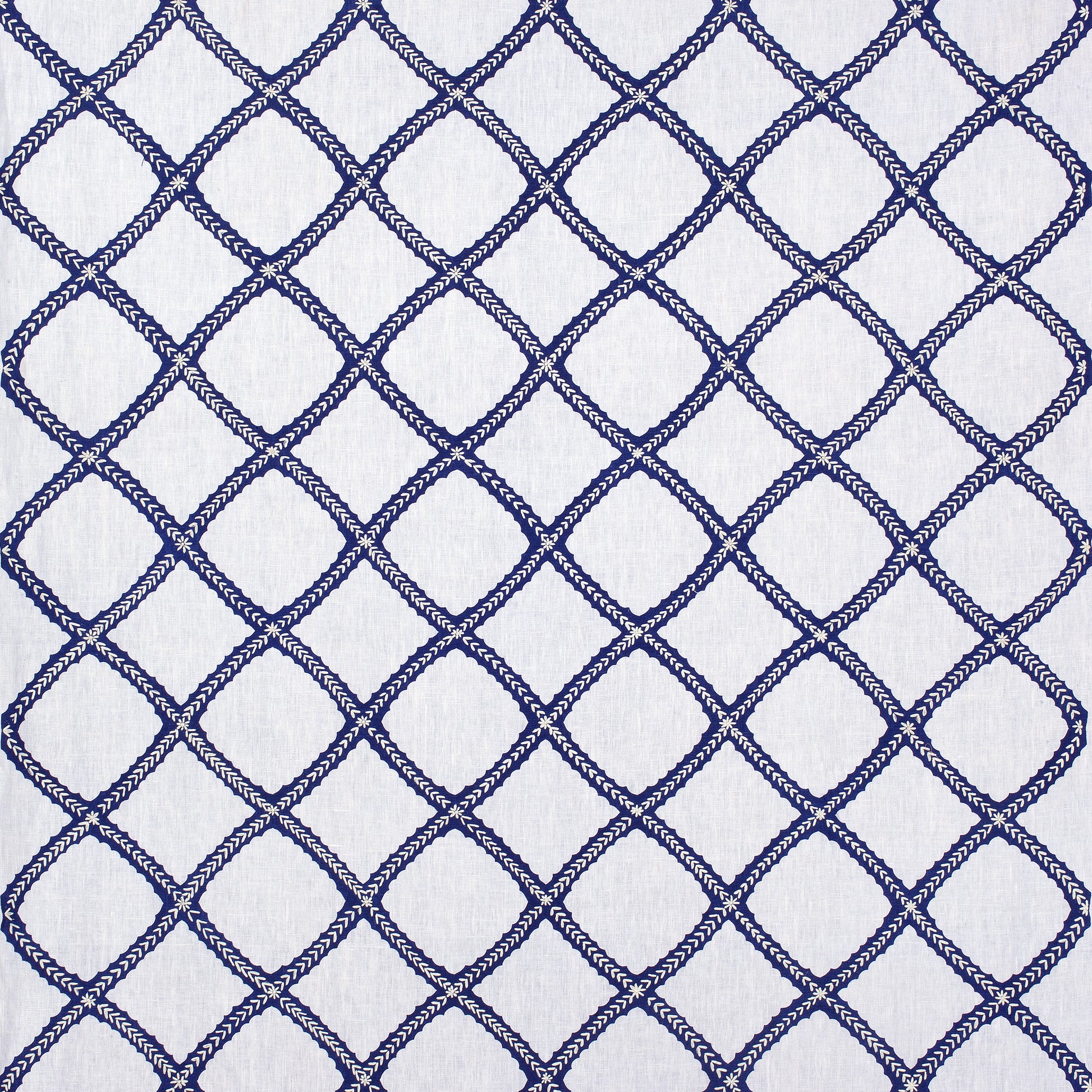 Purchase Thibaut Fabric Pattern# W788706 pattern name Majuli Embroidery color Navy on White