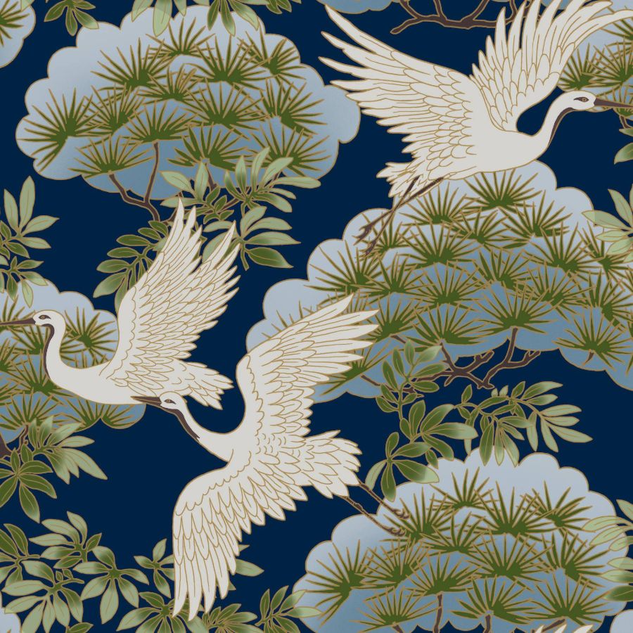Purchase Za8007 | Tea Garden Ii, Sprig & Heron Navy - Ronald Redding Wallpaper