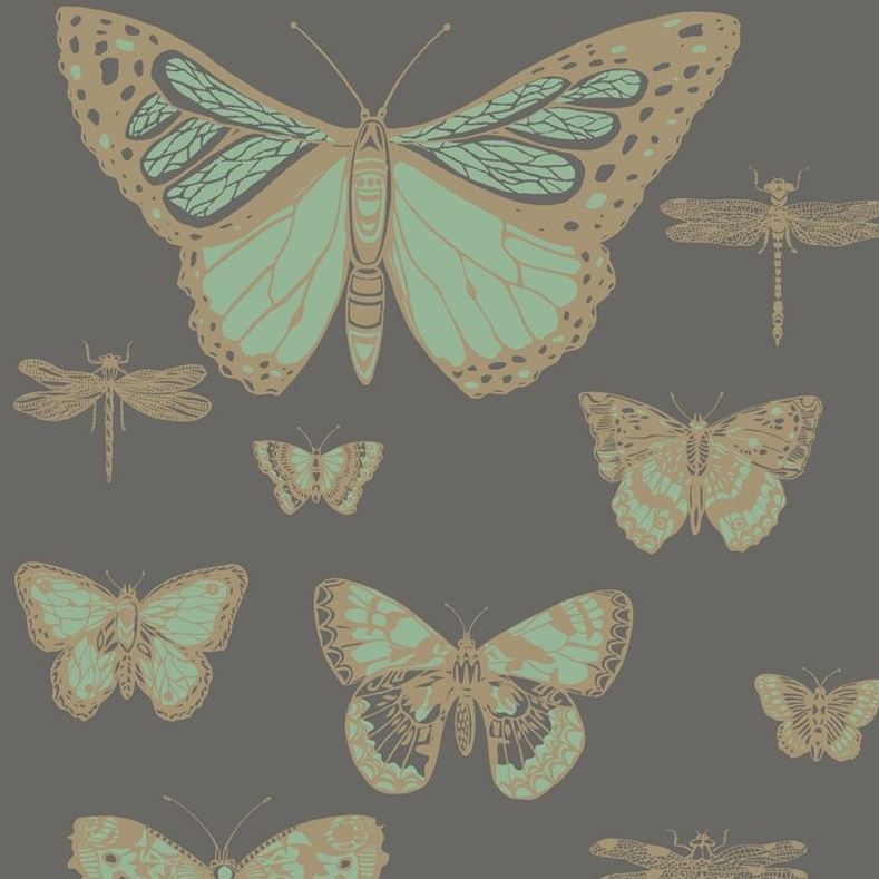 Acquire 103/15067 Cs Butterflies And Dragonflies Green On Char By Cole and Son Wallpaper