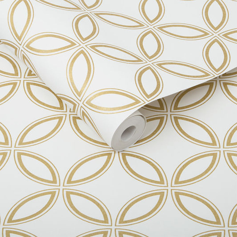 White and Gold Geometric Trellis Wallpaper - Graham and Brown Eternity