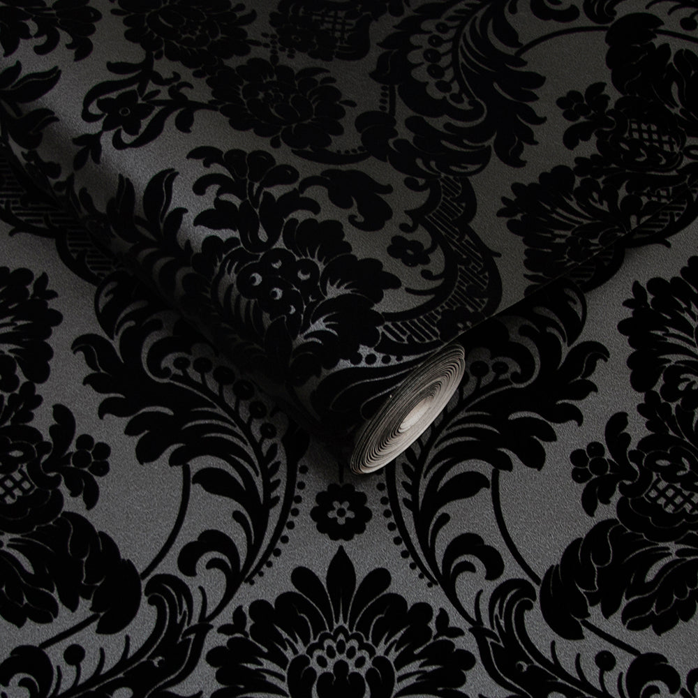black and white and red damask wallpaper