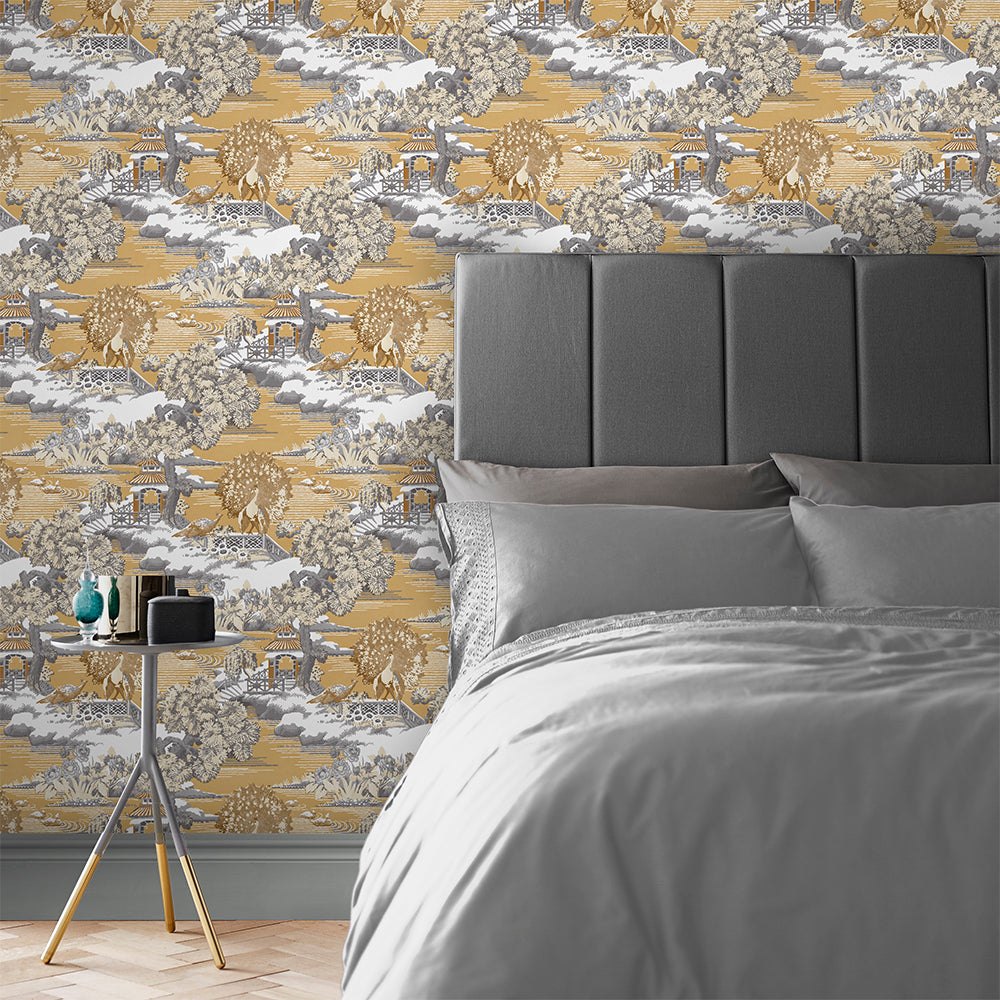 View Graham & Brown Wallpaper Edo Toile Mustard Removable Wallpaper_2