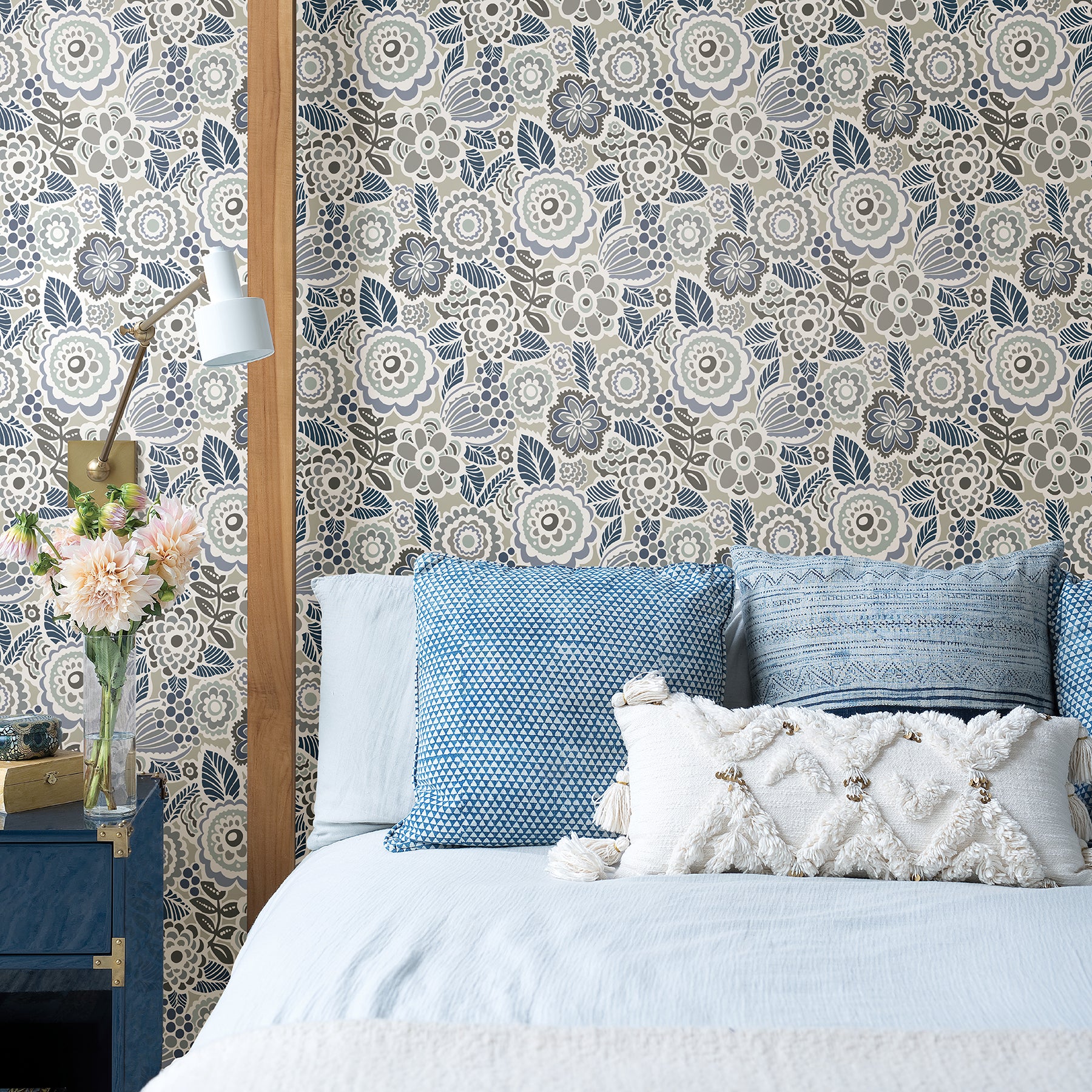 2903-25864 | Blue Bell, Lucy Grey Floral - A Street Prints Wallpaper