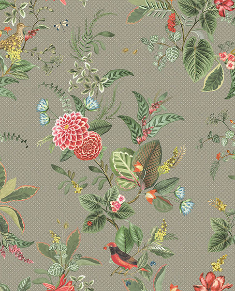 Save 300113 Pip Studio Vol. 5 Floris Khaki Woodland Floral Khaki by Eijffinger Wallpaper