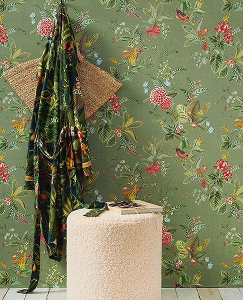 Looking 300114 Pip Studio Vol 5 Floris Olive Woodland Floral Olive Eijffinger Wallpaper