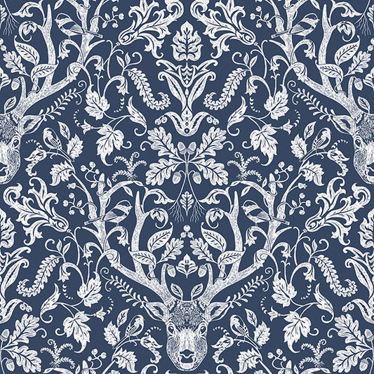 Save 3118-12703 Birch & Sparrow Kiwassa Antler Damask Navy by Chesapeake Wallpaper
