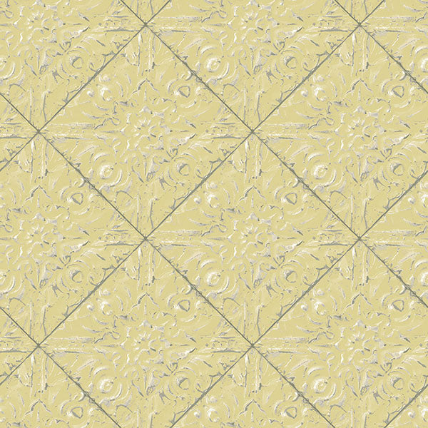 Find 3119-13093 Kindred Brandi Yellow Metallic Faux Tile Yellow by Chesapeake Wallpaper