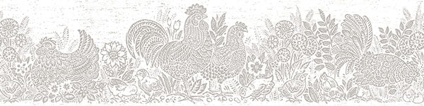 Find 3119-13554B Kindred Parton Light Grey Chicken Border Grey by Chesapeake Wallpaper