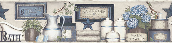 Save 3119-63104B Kindred Country Bath Blue Rustic Border Blue by Chesapeake Wallpaper