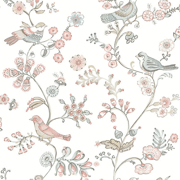 Looking 3122-10805 Flora & Fauna Jinjur Blush Bird Trail Pink by Chesapeake Wallpaper