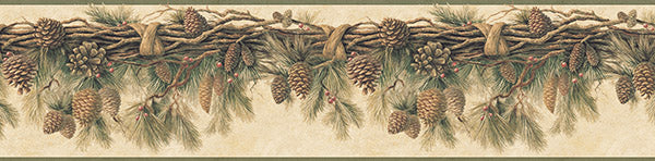 Save 3123-01391 Homestead Coulter Olive Pinecone Forest Border Olive by Chesapeake Wallpaper