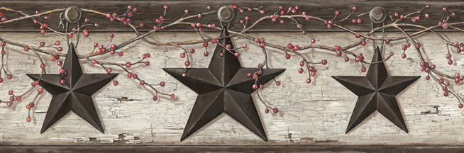 Looking 3123-44601 Homestead Ennis Black Rustic Barn Star Border Black by Chesapeake Wallpaper