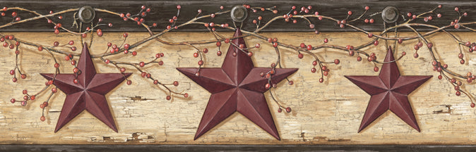 Search 3123-44603 Homestead Ennis Maroon Rustic Barn Star Border Maroon by Chesapeake Wallpaper