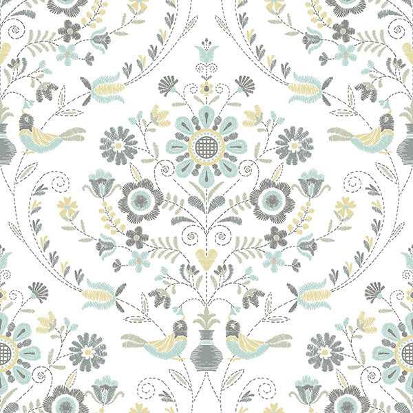 Purchase sample of 4066-26510 Hannah, Britt Sea Green Embroidered Damask Sea Green by A-Street Prints Wallpaper