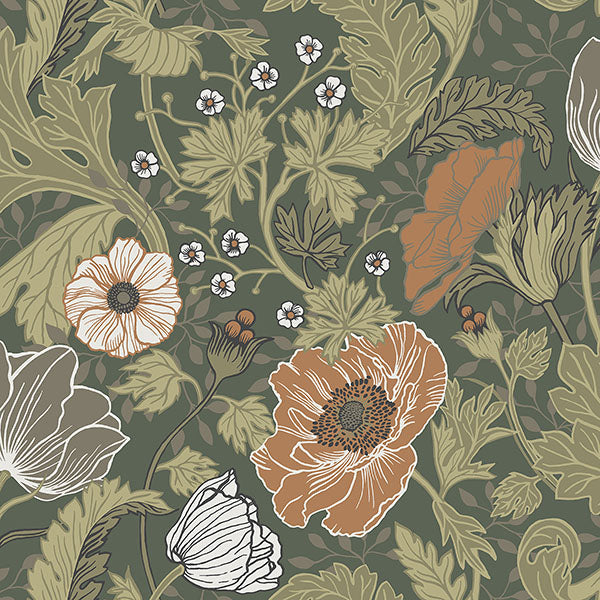 Purchase sample of 4080-44104 Ingrid, Anemone Green Floral Dark Green Coral by A-Street Prints Wallpaper