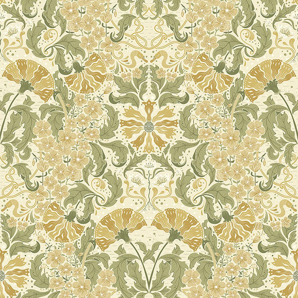 Purchase sample of 4080-83117 Ingrid, Ojvind Gold Floral Ogee Cream Butter Green by A-Street Prints Wallpaper