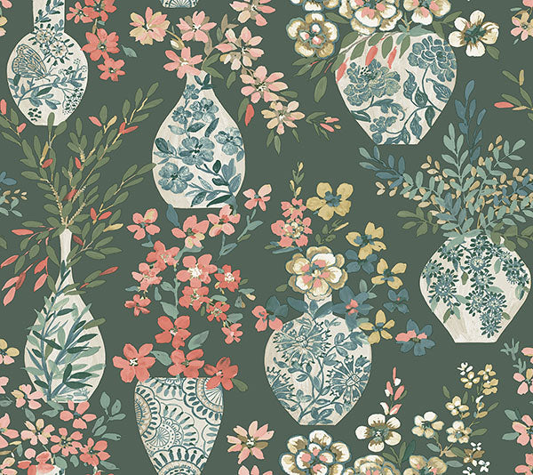 Purchase 4120-72000 A-Street Wallpaper, Harper Green Floral Vase - Middleton