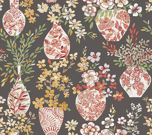 Purchase 4120-72002 A-Street Wallpaper, Harper Brown Floral Vase - Middleton