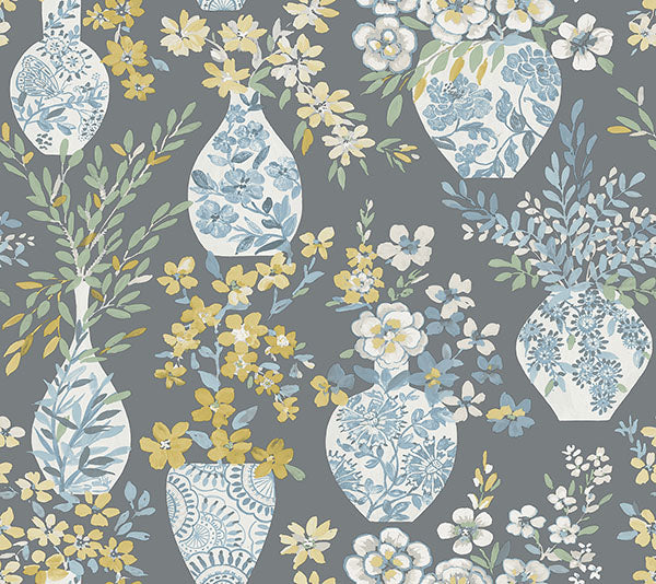 Purchase 4120-72003 A-Street Wallpaper, Harper Grey Floral Vase - Middleton