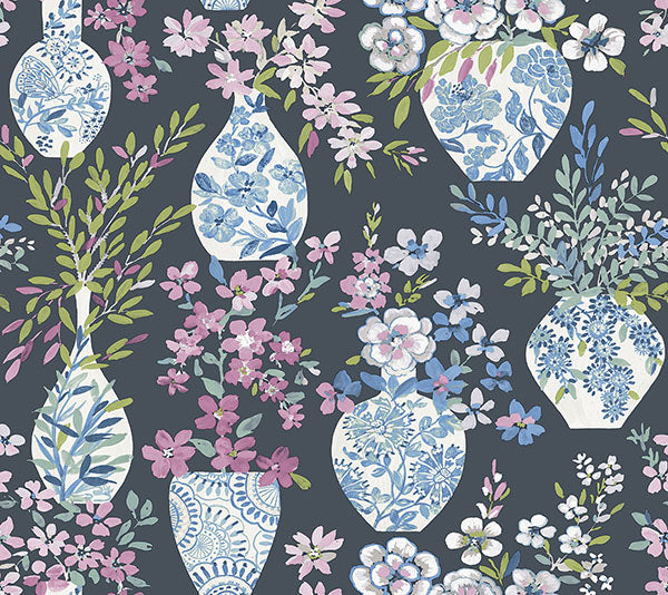 Purchase 4120-72004 A-Street Wallpaper, Harper Charcoal Floral Vase - Middleton