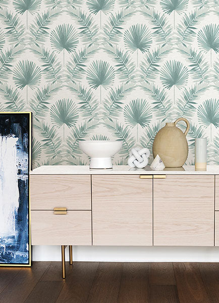 Purchase 4121-26912 A-Street Wallpaper, Calla Teal Painted Palm Wallpaper - Mylos12