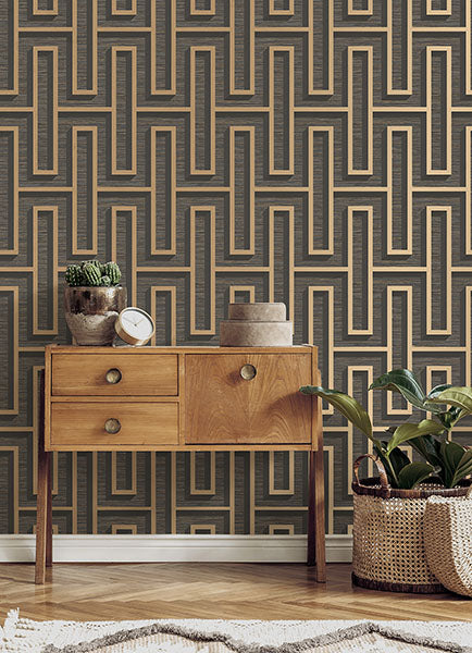 4125-26722 | Fusion, Henley Black Geometric Grasscloth - Advantage Wal