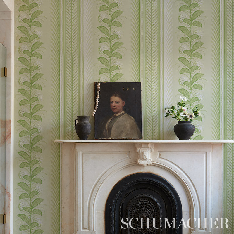 Oval Wicker Mirror on Schumacher Hydrangea Drape Wallpaper  Transitional   Bathroom