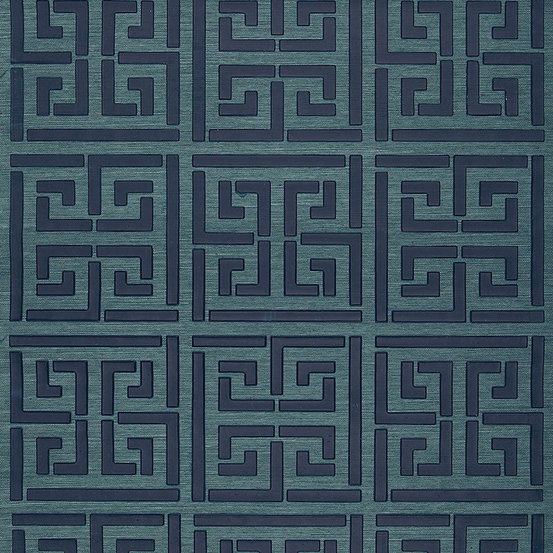 Find 5005691 Greek Key Sisal Peacock by Schumacher Wallpaper