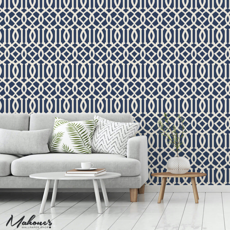 5005801 | Imperial Trellis Ii, Ivory / Navy - Schumacher Wallpaper
