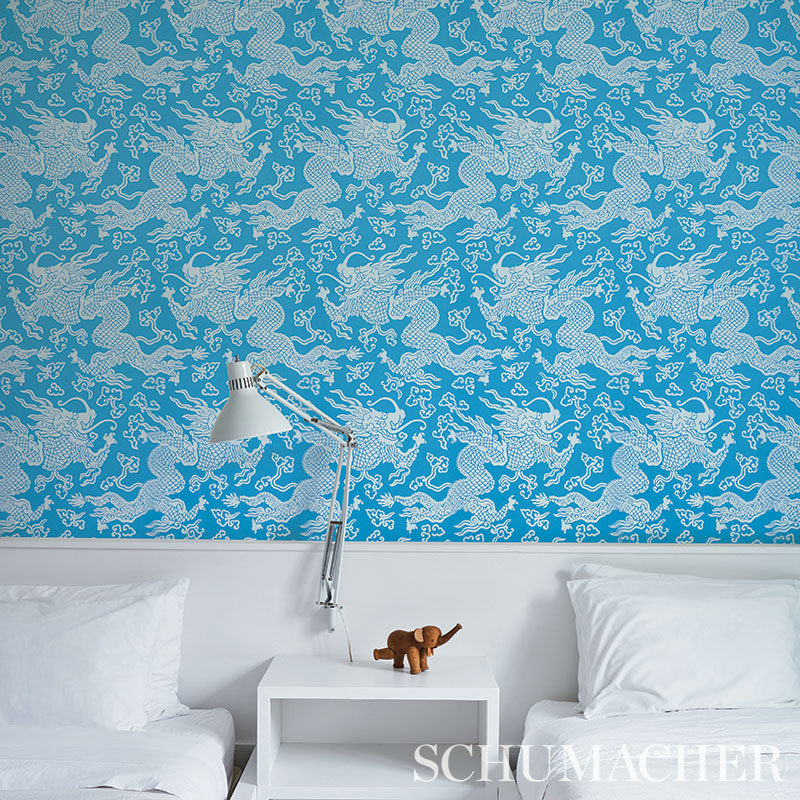 Select 5010881 Ruan Dragon Damask Blue Schumacher Wallpaper
