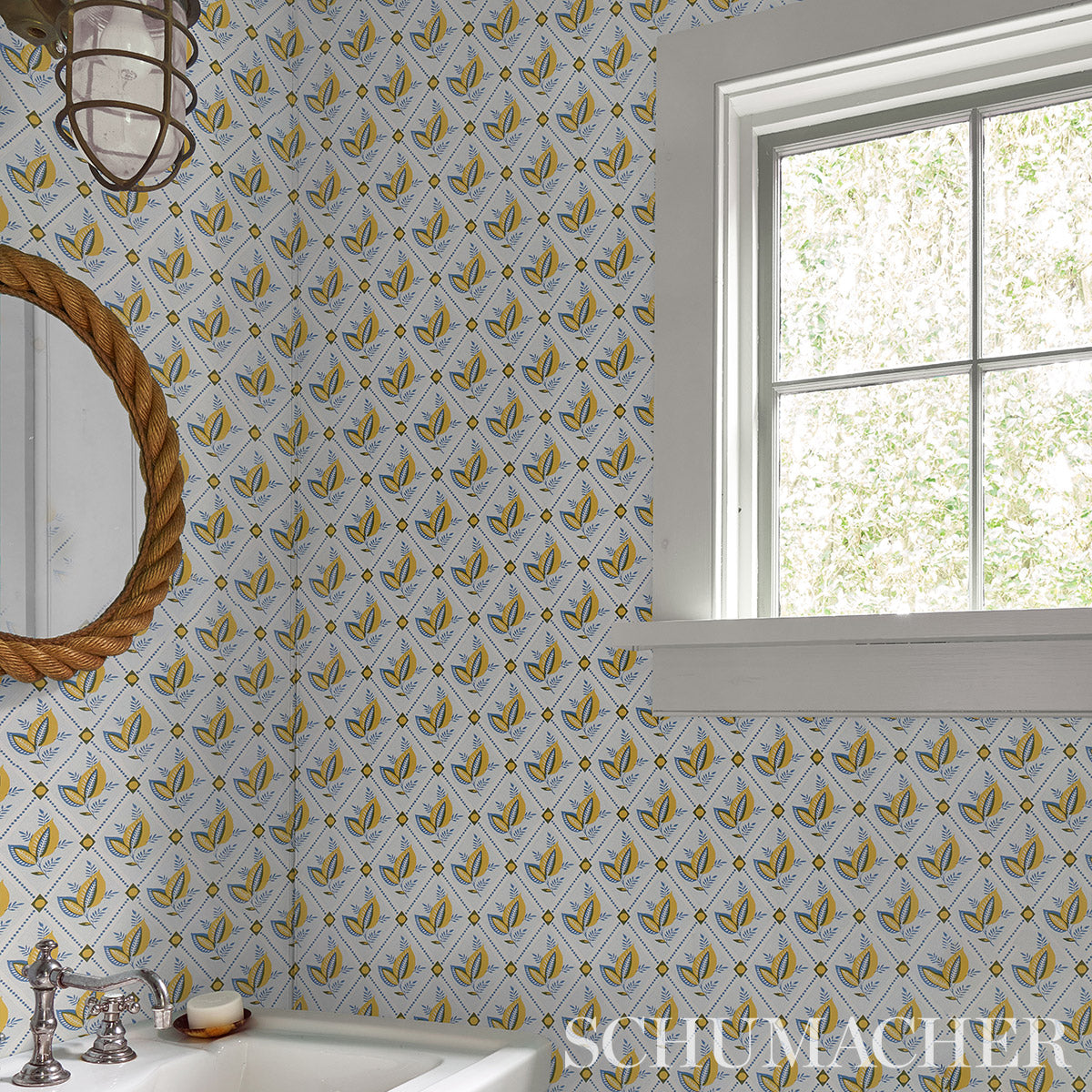 Purchase 5014230 Basile Trellis, Yellow & Blue by Wallpaper4