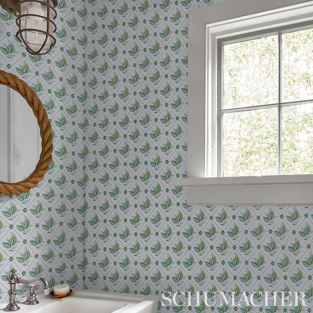 Purchase 5014231 Basile Trellis, Leaf & Aqua by Wallpaper4