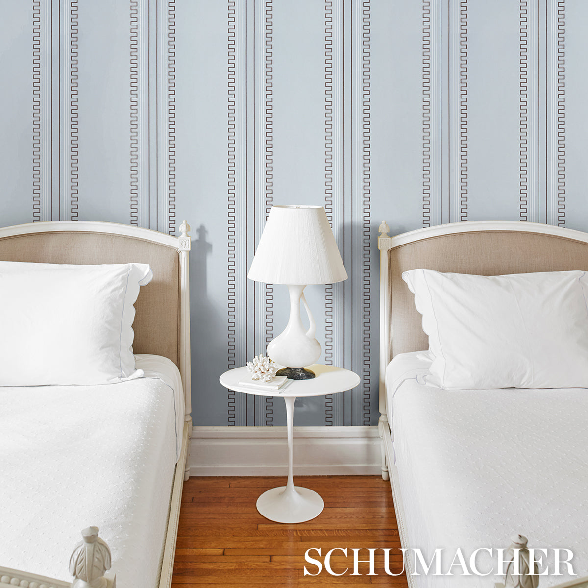 Purchase 5015140 | Greco Stripe, Sky - Schumacher Wallpaper