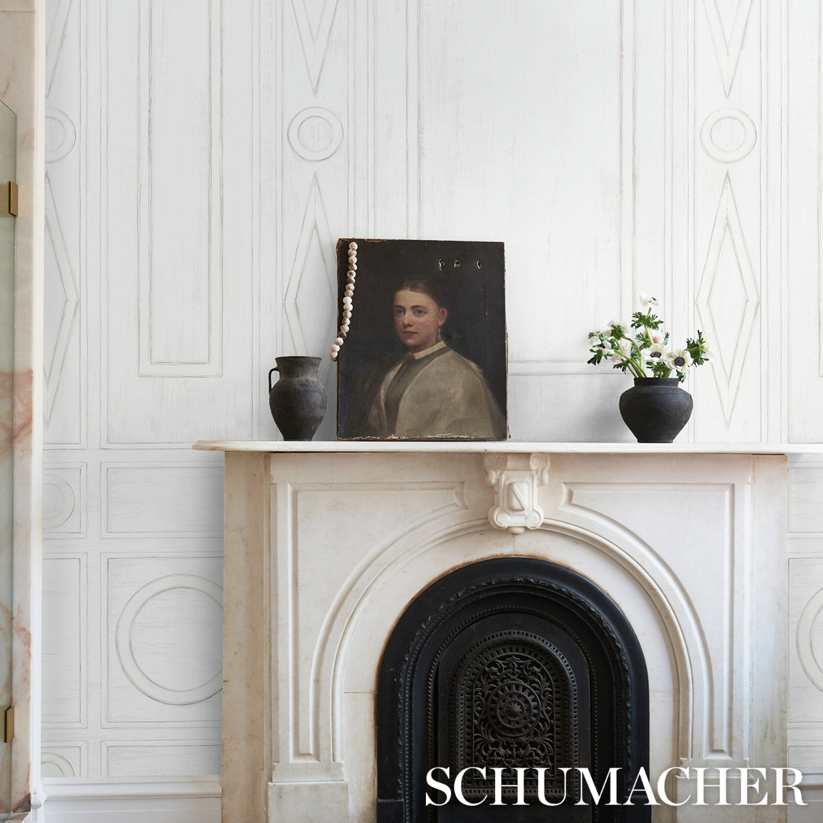 Purchase 5015170 | Swedish Manor Panel A, White - Schumacher Wallpaper