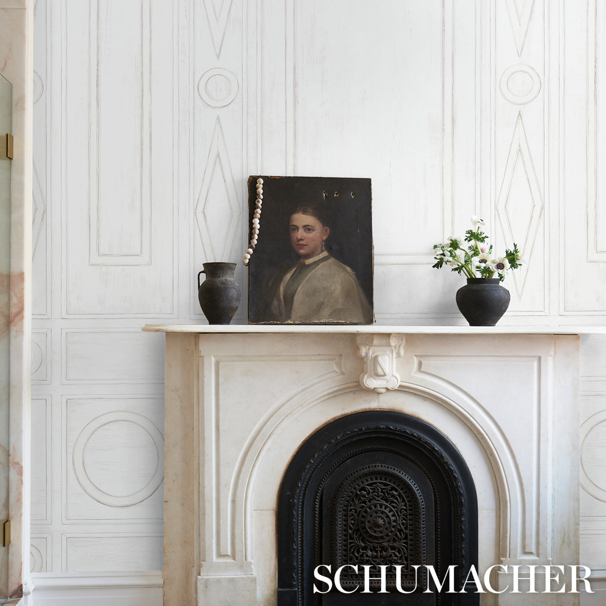 Purchase 5015171 | Swedish Manor Panel B, White - Schumacher Wallpaper