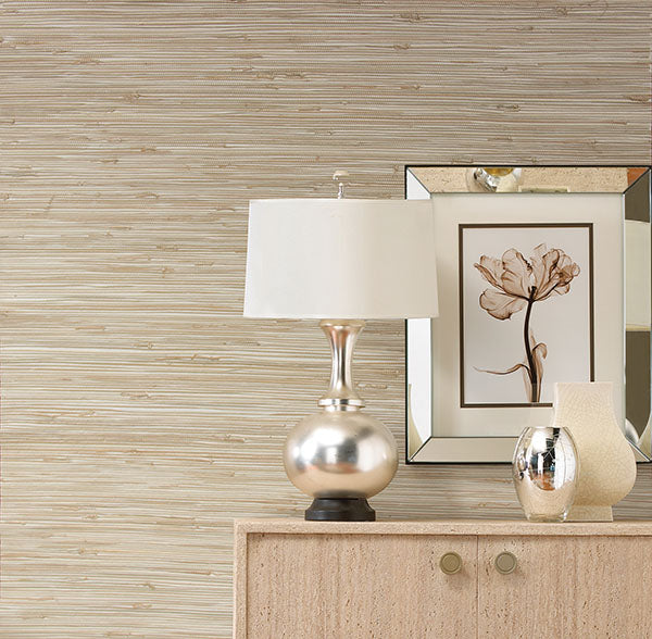 63-65601 | Shangri La, Ting Taupe Grasscloth - Kenneth James Wallpaper