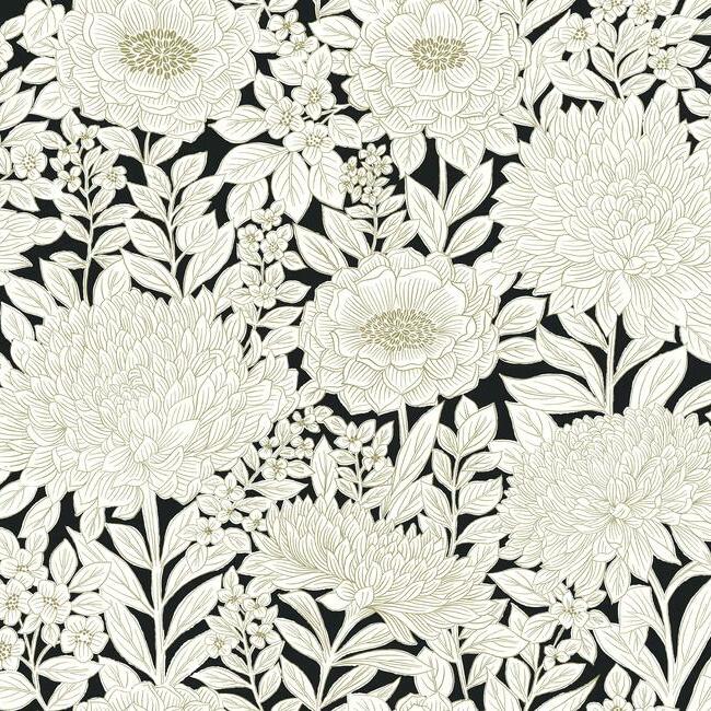View BW3923 Wood Block Blooms Black and White Resource Library by York Wallpaper