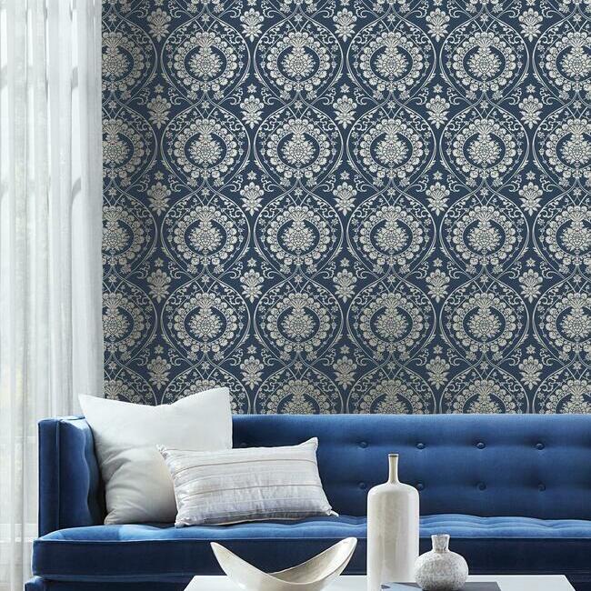 Shop DM4901 Imperial Damask Wallpaper Navy/Silver Damask Resource Library York Wallpaper1 