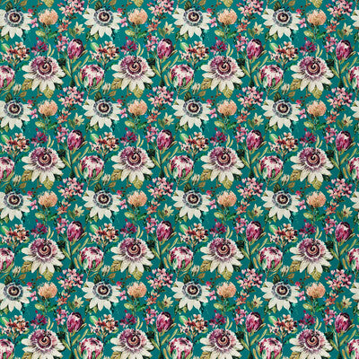 F1520-04 Paradise Teal Velvet Botanical &amp; Floral Clarke And Clarke Fabric