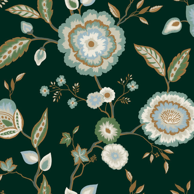 View GO8236 Dahlia Blooms Forest/Seafoam Greenhouse by York Wallpaper