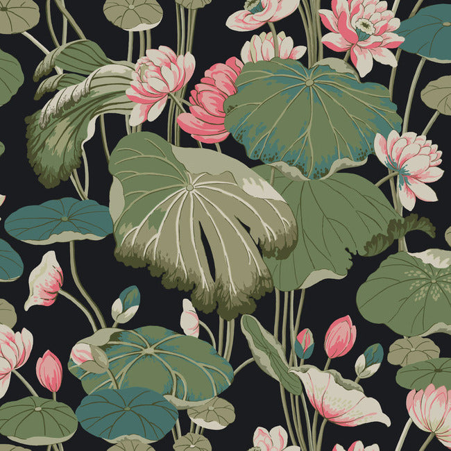 Save GO8292 Lotus Pond Midnight/Flamingo Greenhouse by York Wallpaper