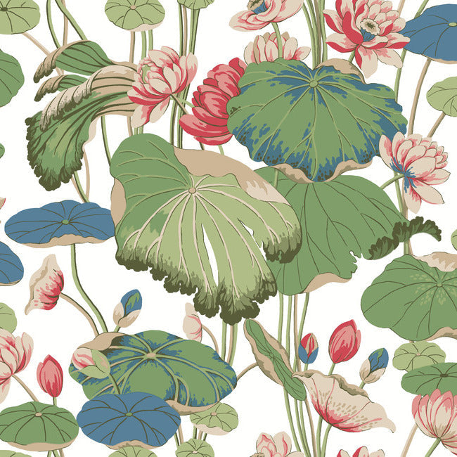 Find GO8293 Lotus Pond Cotton/Peacock Greenhouse by York Wallpaper