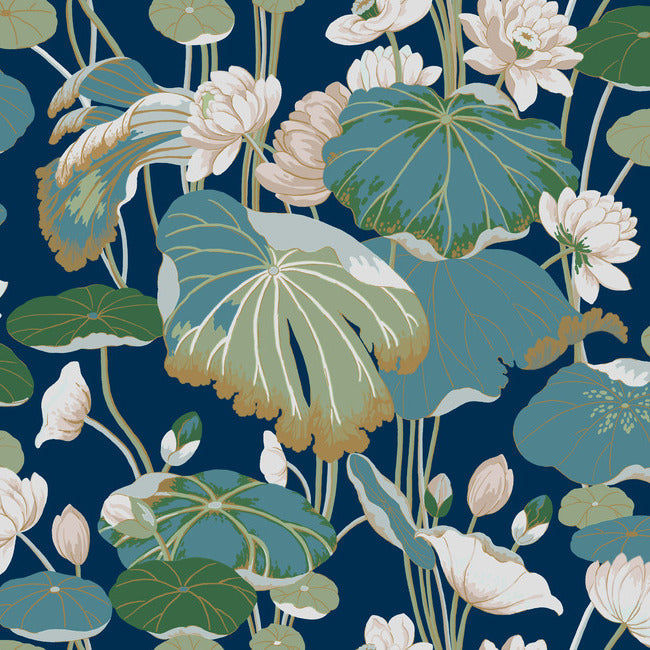 Save GO8295 Lotus Pond Indigo/Gold Greenhouse by York Wallpaper