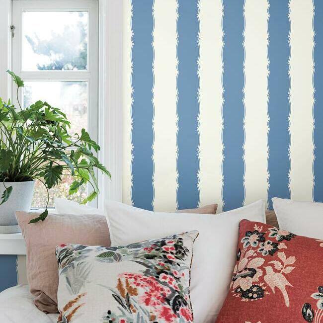 GR6012 | Grandmillennial, Scalloped Stripe Blue York Wallpaper