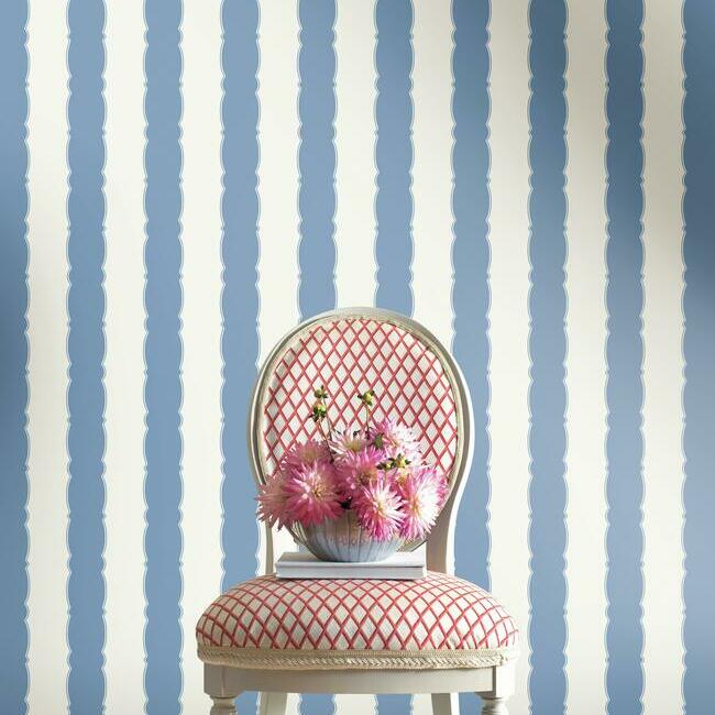 GR6012 | Grandmillennial, Scalloped Stripe Blue York Wallpaper