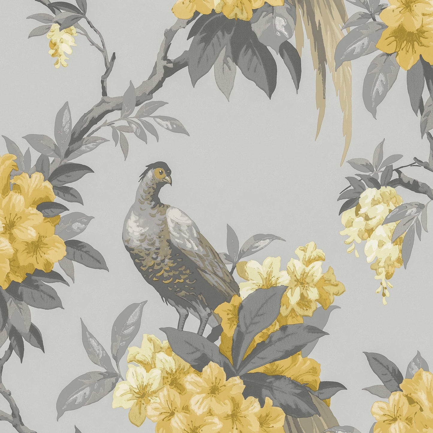 Looking M1662 Archive Collection Golden Pheasant Grey Floral Wallpaper Grey/Mustard Brewster