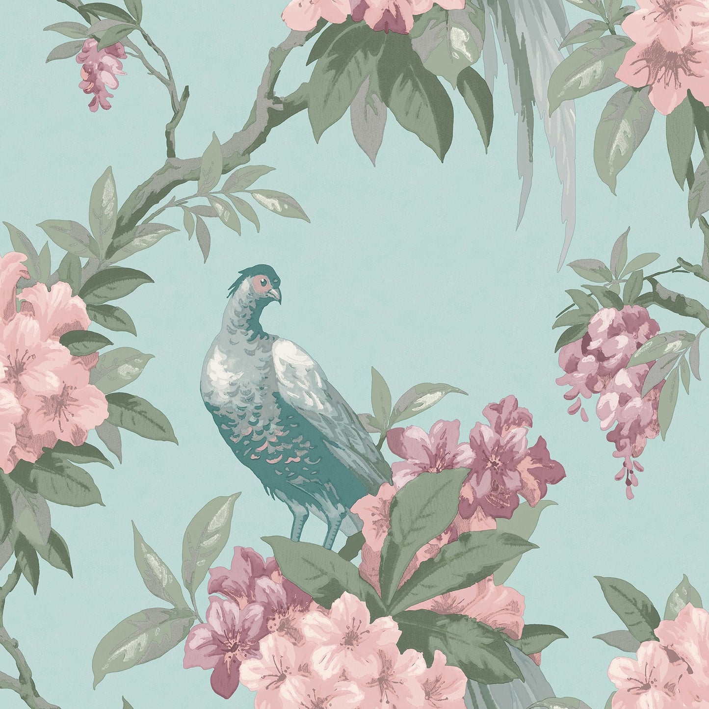 Order M1663 Archive Collection Golden Pheasant Aqua Floral Wallpaper Duck Egg/Pink Brewster