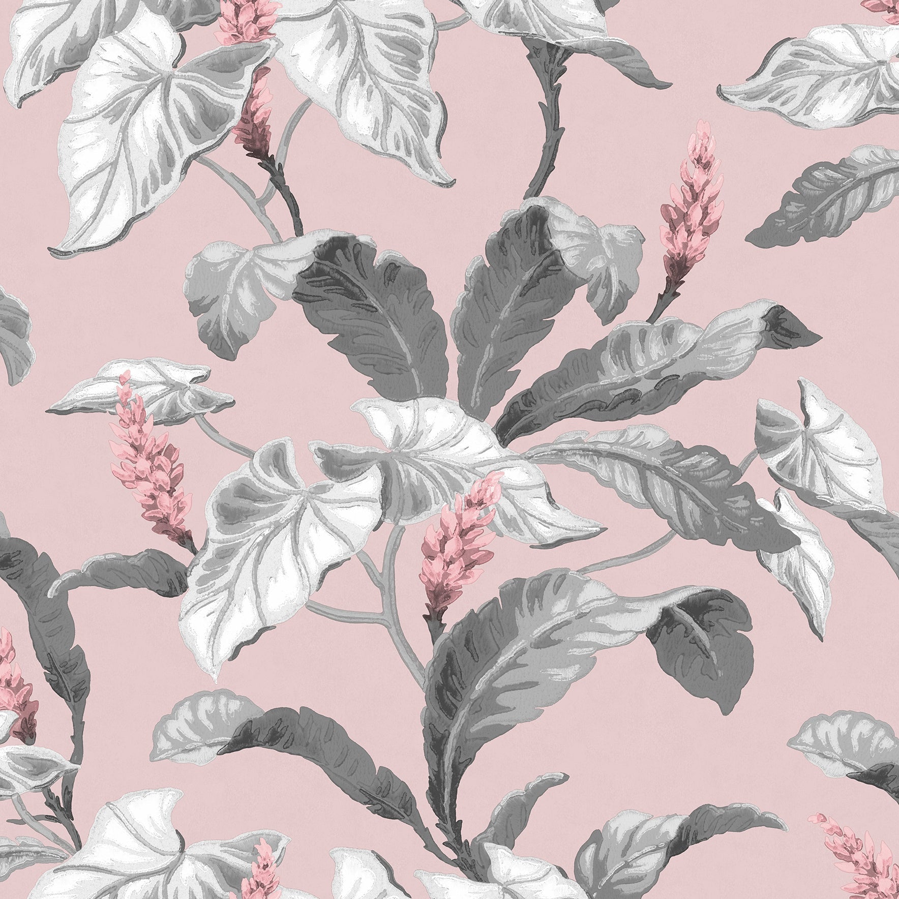 Buy M1690 Archive Collection Meridian Parade Pink Tropical Leaves Wallpaper Pink/Grey Brewster