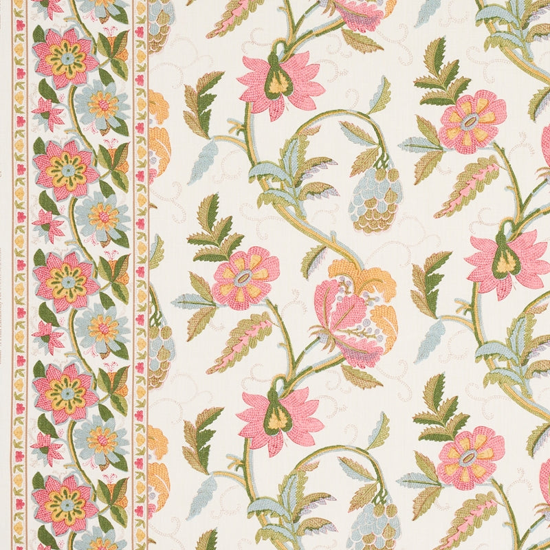 Purchase sample of 180111 Indali Bordered Linen, Pink And Leaf by Schumacher Fabric