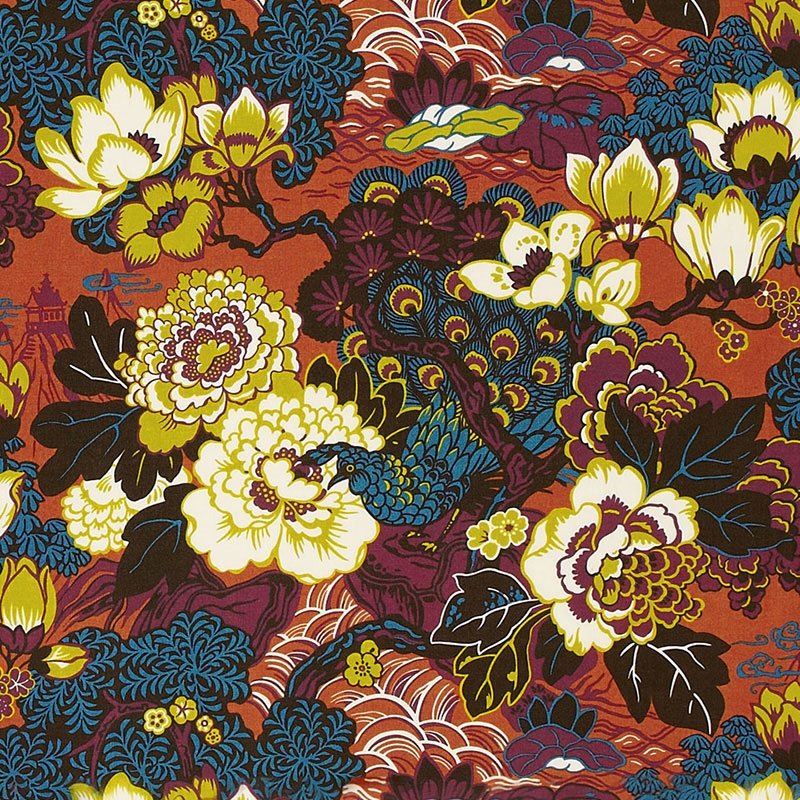 Purchase sample of 175132 Shanghai Peacock, Cinnabar by Schumacher Fabric